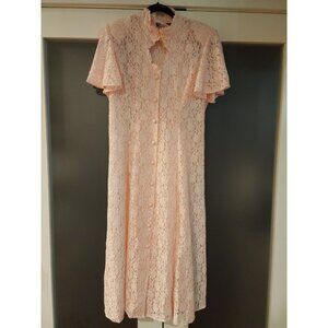 Vtg Dawn Joy Sheer Lace Maxi Dress Mock neck keyhole lace up baby pink sz 13